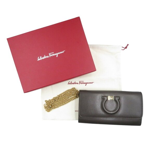 SALVATORE FERRAGAMO Dark Brown Leather Chain Wallet Long 1394 - Picture 4 of 8